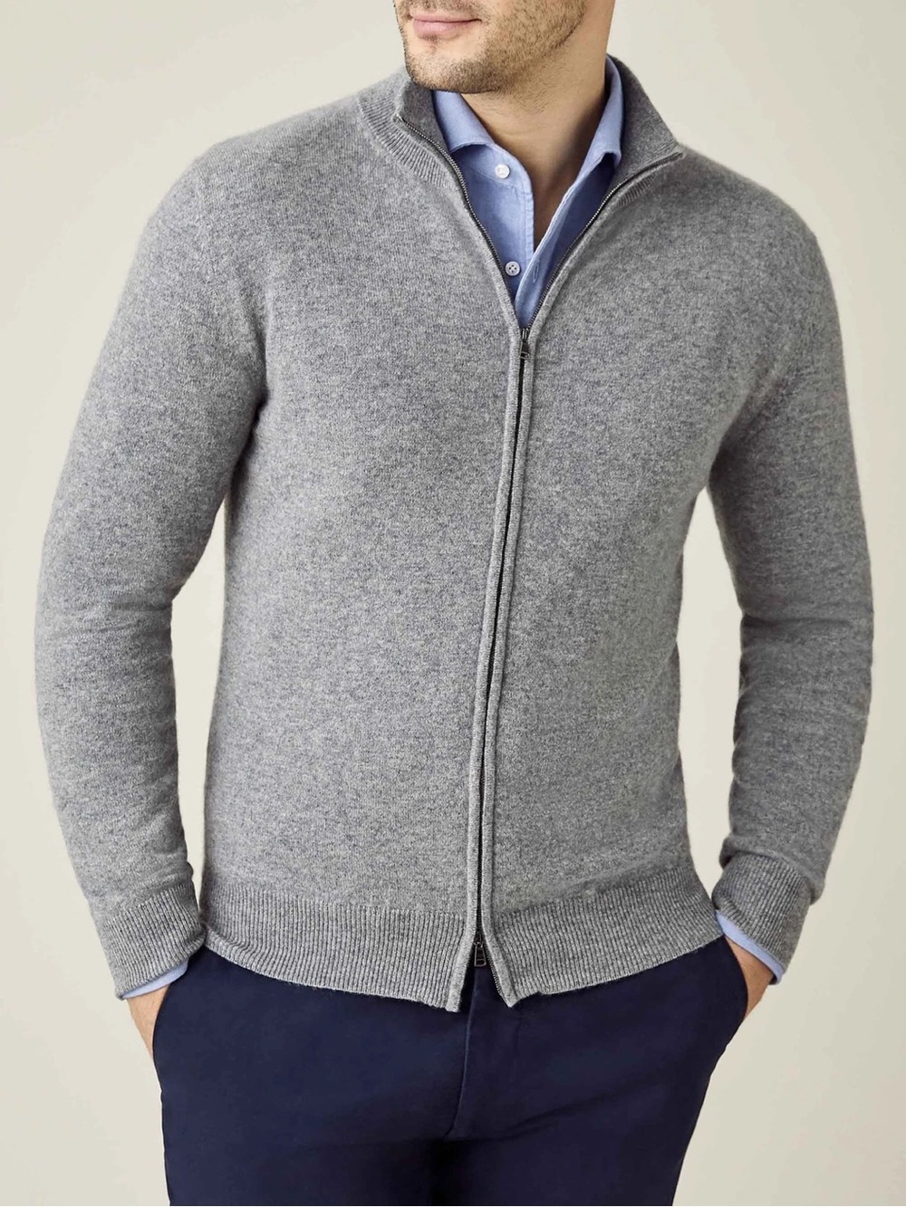 Luca Falconi Men’s Pure Cashmere Double-Zip Cardigan in “Light Grey” – Medium